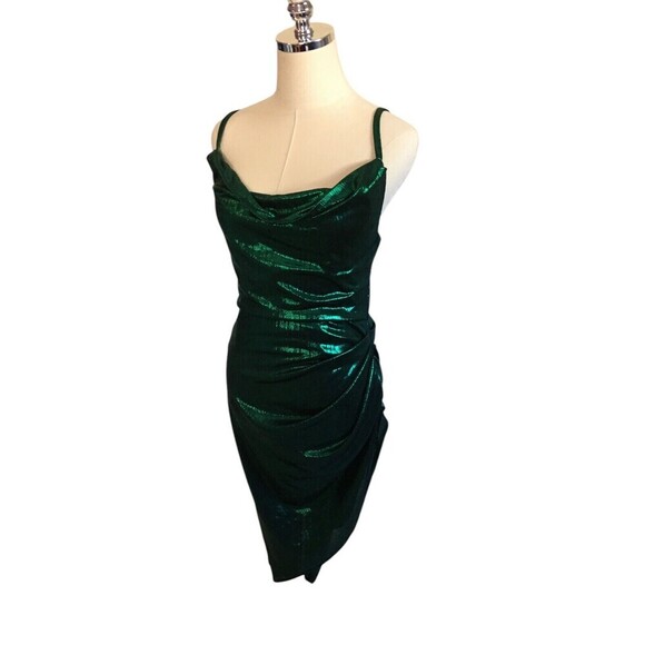 Micas Dress Women’s Size Large Green Metallic Ruched Spaghetti Strap Midi - Picture 2 of 7